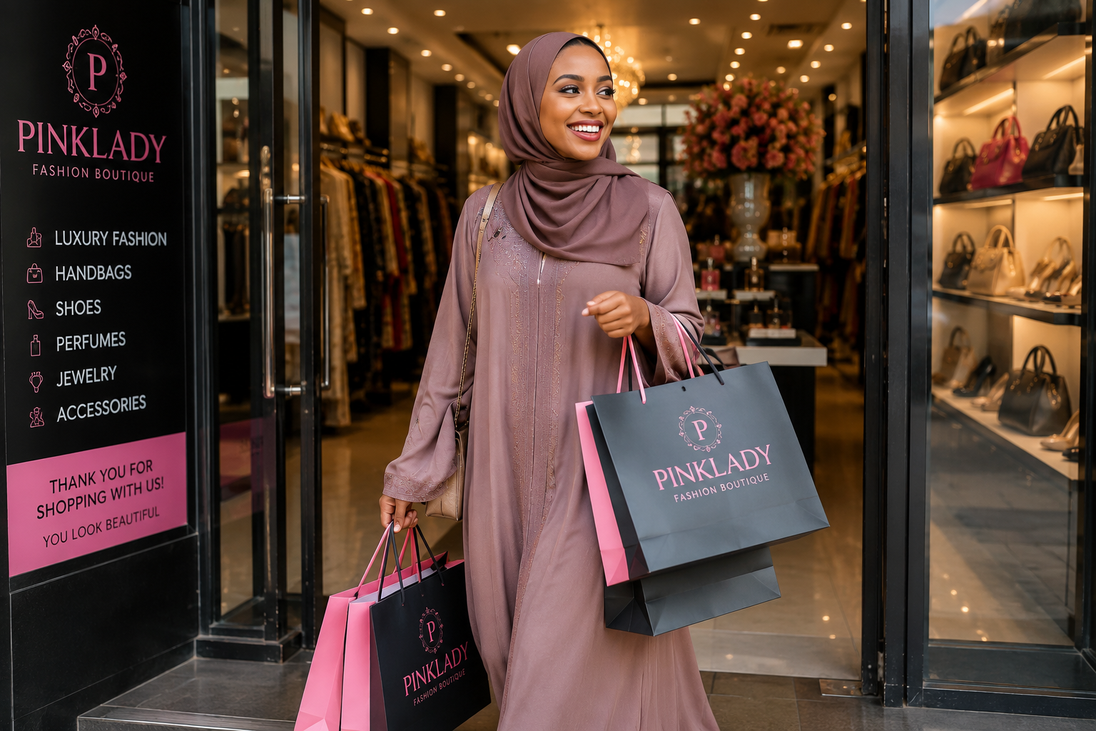 Customer leaving Pinklady boutique with shopping bags