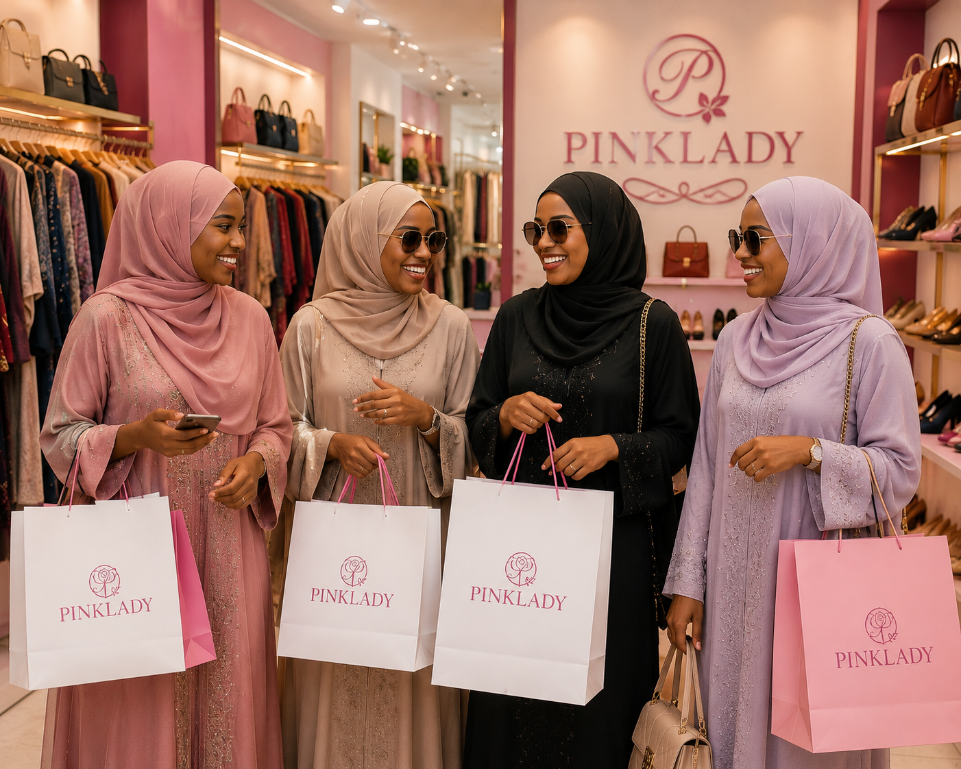 Smiling women shopping together holding Pinklady Enterprise bags inside the boutique