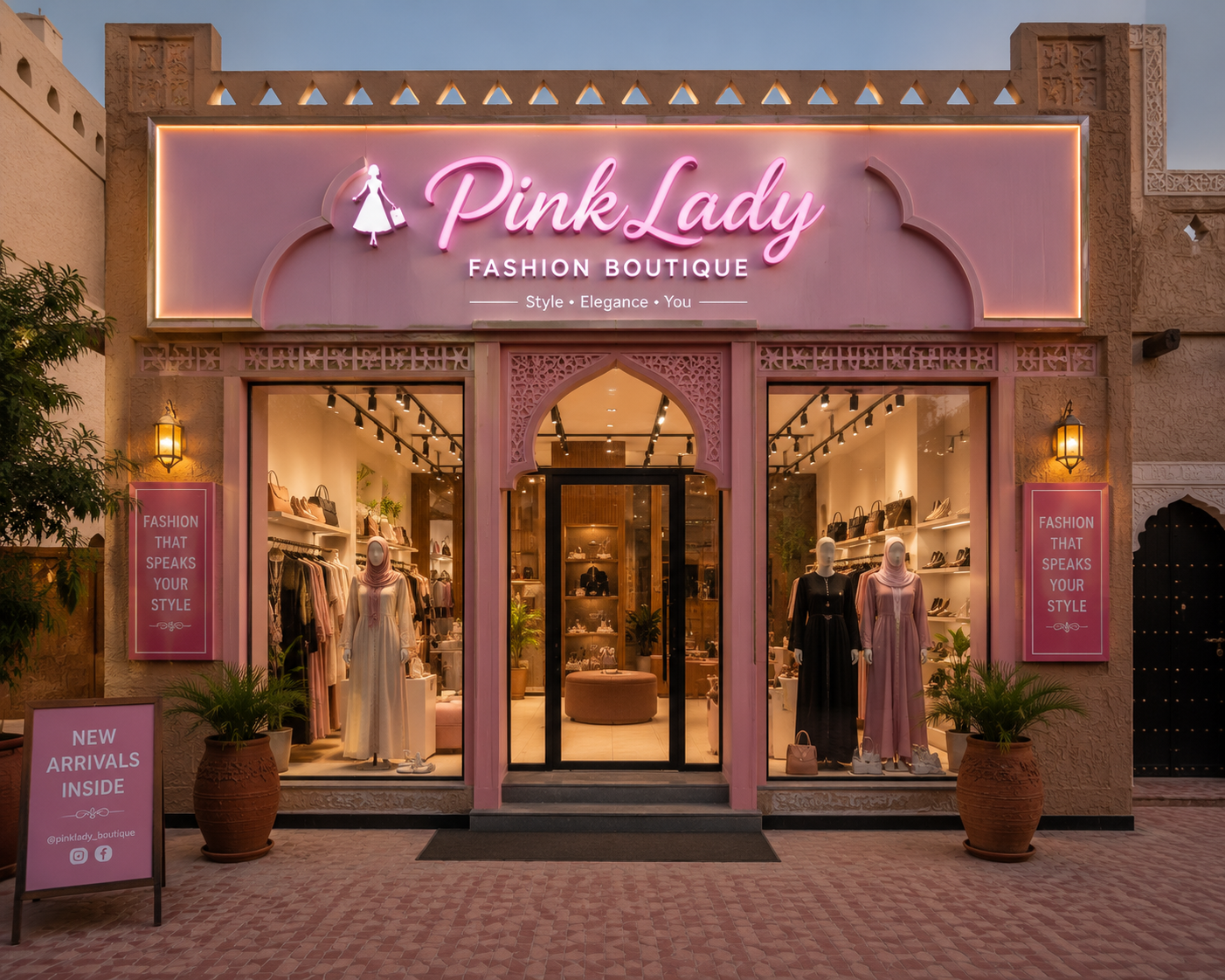 Pinklady Fashion Boutique storefront at dusk with pink Moroccan-inspired arched entrance