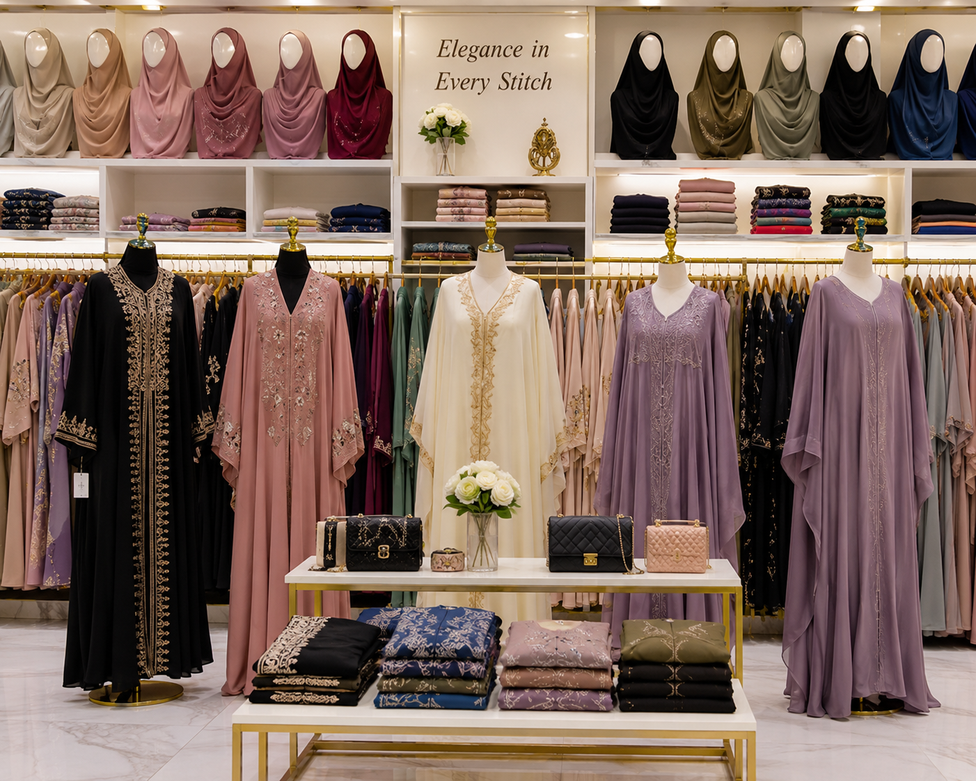 Elegant embroidered abayas and kaftans on display