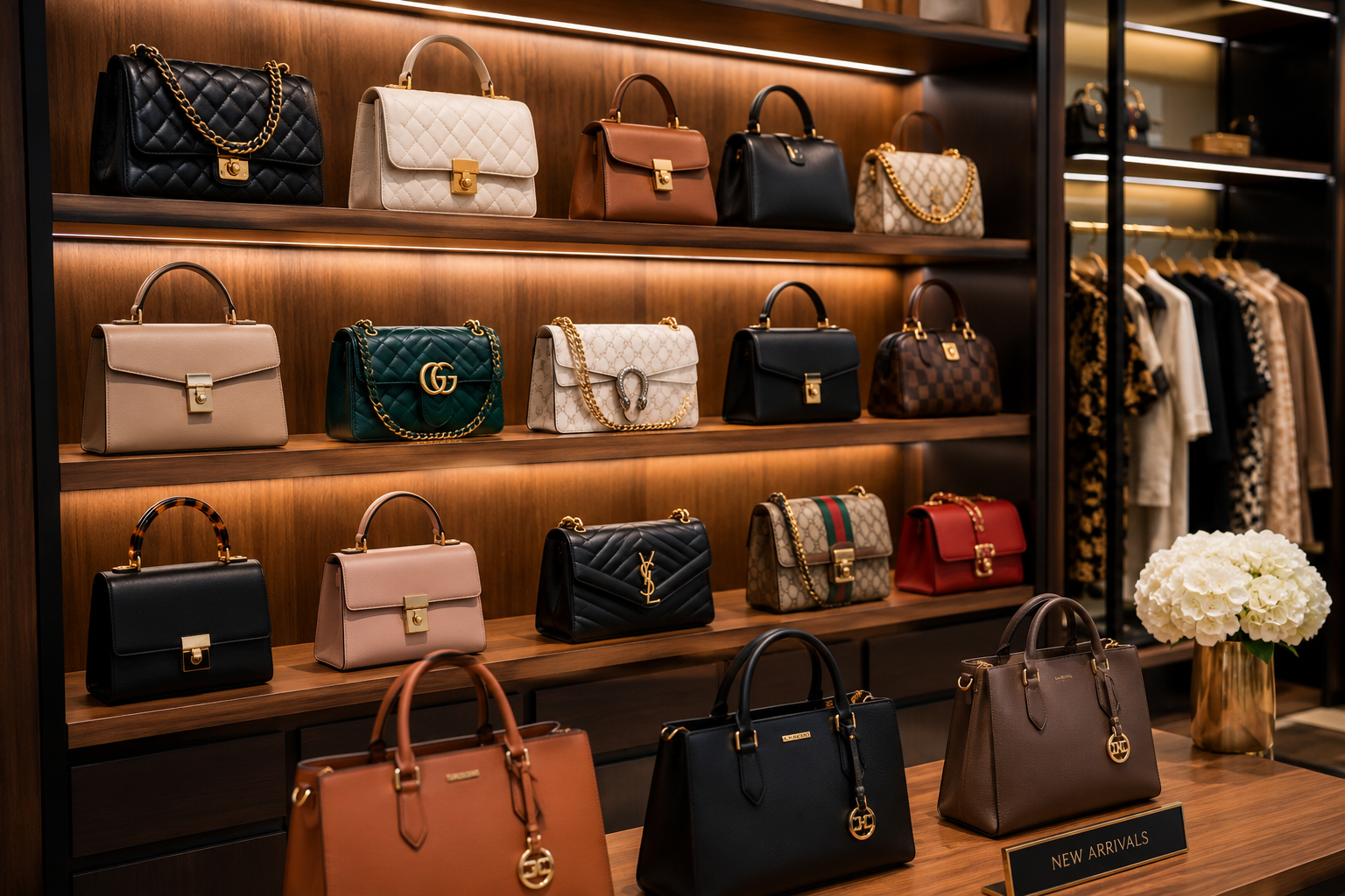 Luxury designer handbags displayed on wooden shelving