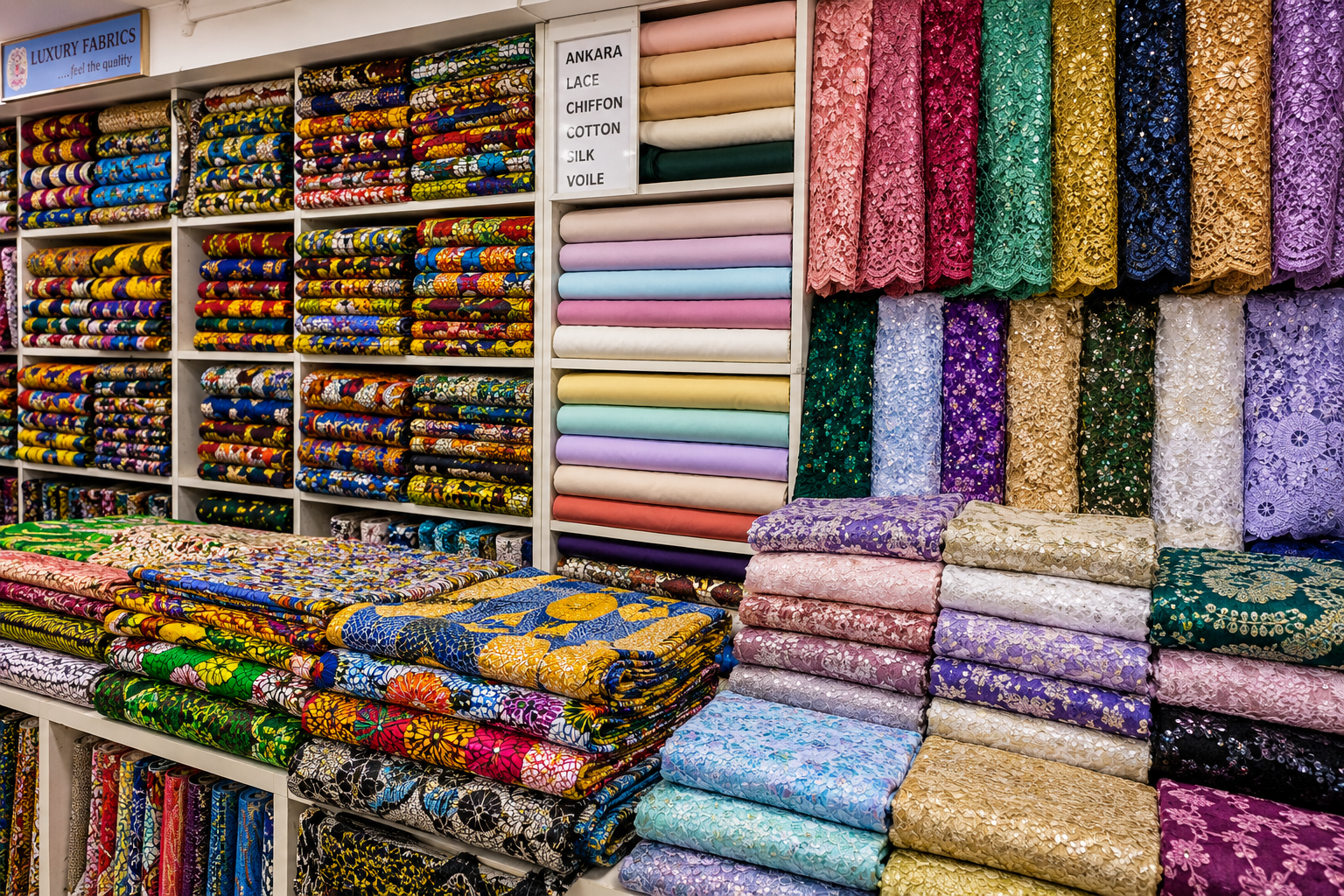 Shelves of luxury Ankara, lace, chiffon and silk fabrics