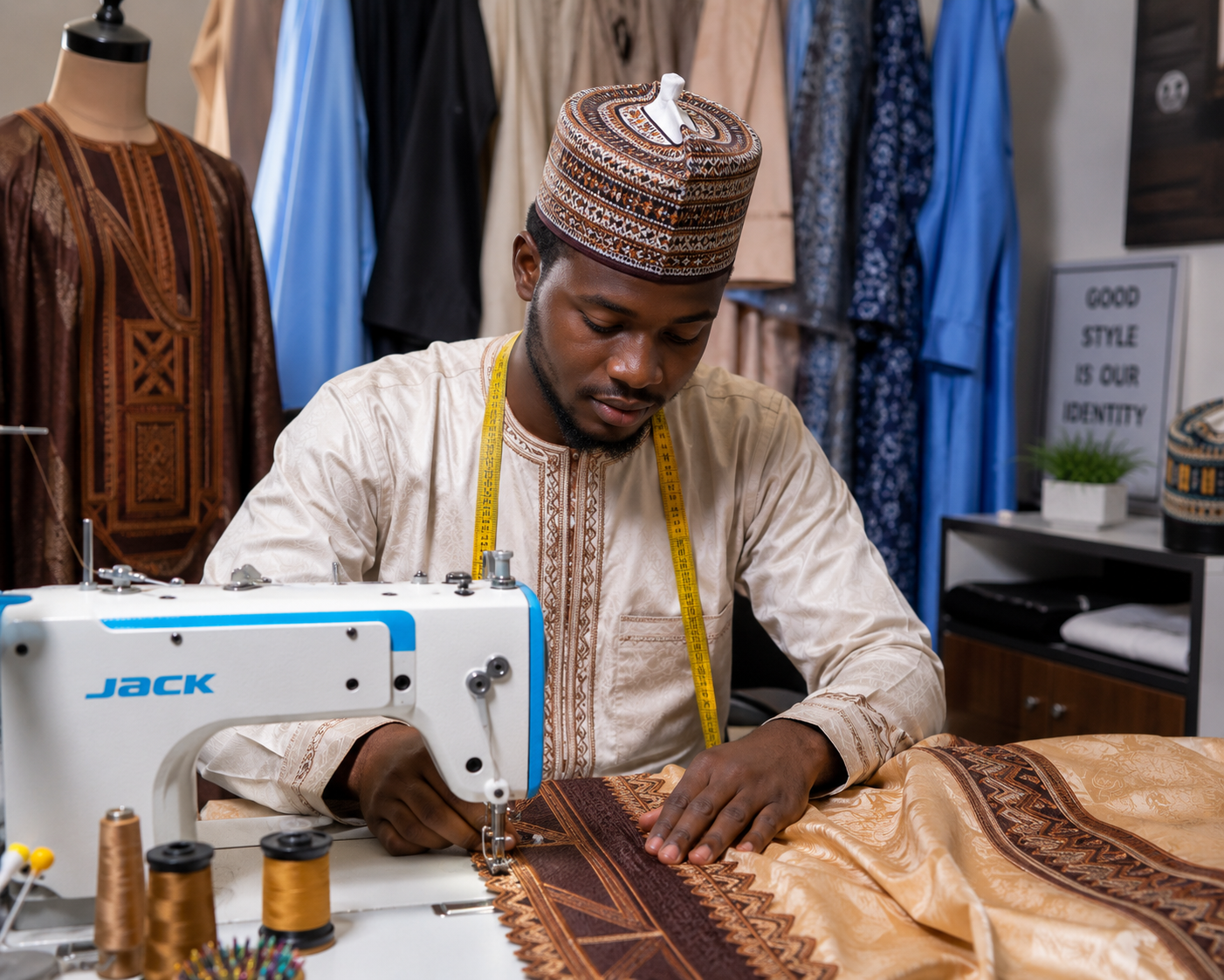 Skilled tailor working on embroidered fabric at a sewing machine